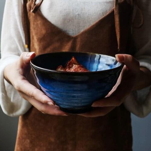 Ceramic Deep Blue Porcelain Salad Soup Bowl Household Rice Noodle Bowl Tableware