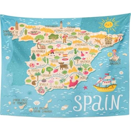 Red Europe Map of Spain Travel with Spanish Landmarks People Food and Plants Home Decor Tablecloth