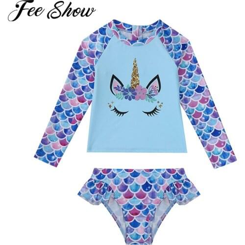 Kids Girls Brazilian 2Pcs Swimming Suit Swimwear Long Sleeve Cartoon Horse Print Tops Briefs Bikinis Set Beachwear Bathing Suits
