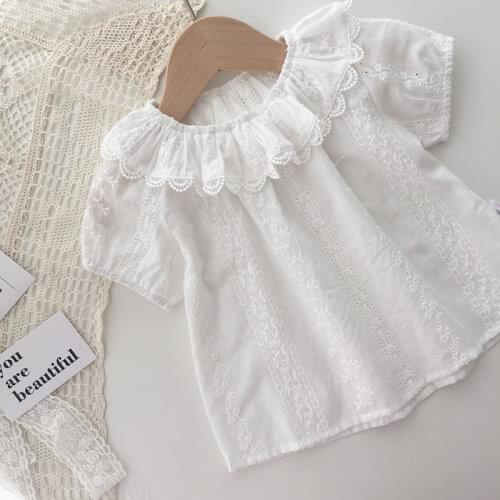2021 Summer Cute Baby Girls Short Sleeve Blouse Kids Children Breathable Lace Shirt Korean Style Princess Ruffles CottonTop