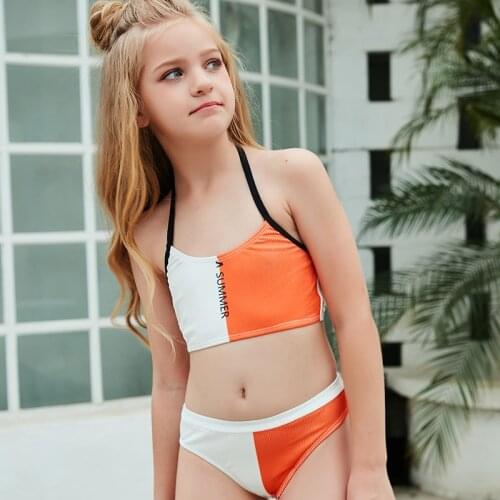Cute Bikinis Kids Swimsuit 2021 Summer Low Waisted Bathing Suits Halter Top Swimwear Floral Print Bikini Set 130-160