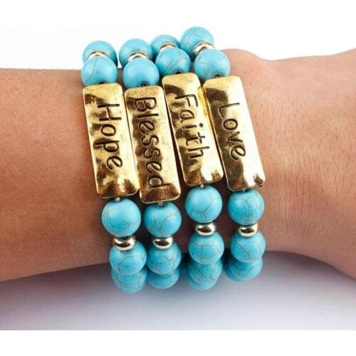 2020 New Natural Stone Beaded Bracelets Womens Engrave Hope Blessed Monogram Bar Bracelets Bangles Jewelry
