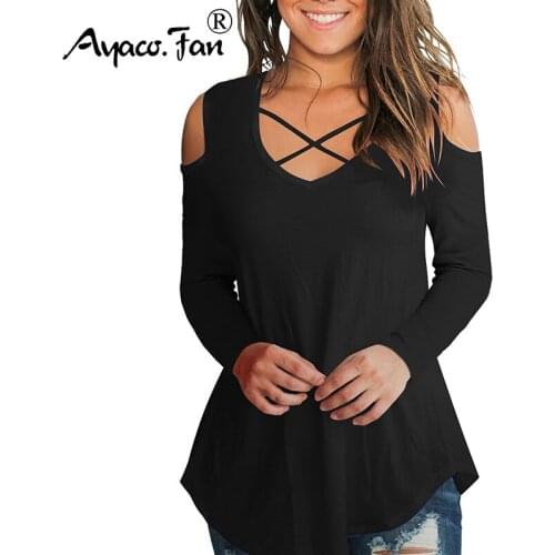 2019 Autumn New Casual Criss-Cross O-Neck Off Shoulder Sleeve T-Shirts Women Tops T-Shirt Women Tshirt Loose Tee Shirts Femme
