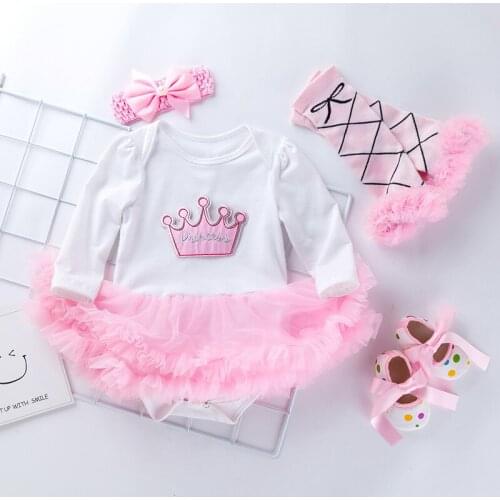 Newborn Baby Girls Cartoon Long Sleee Mesh Tutu Dress Bodysuits Christening Baptism Party Princess Clothing Sets Kids 4Pcs Suits