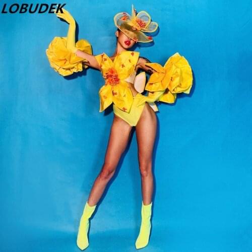 Bar Nightclub Concert Sexy Stage Wear Women Singer Dancer DJ Performance Clothes Yellow Flower Bodysuit Gloves Dance Costume