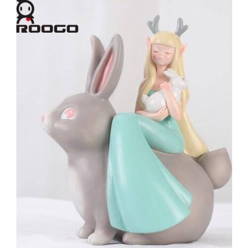 Roogo new deer girl ornament rabbit boy statue lovely animal resin sculpture of decoration indoor cabinet office decor figurines