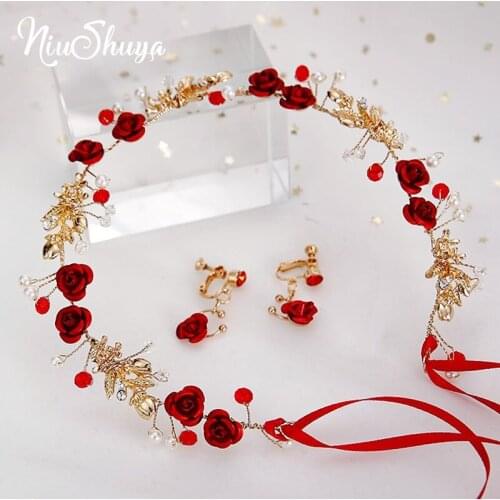 NiuShuya Vintage Red Rose Crystal Bridal Hairband Tiara Gold Color Princess Bridal Hair Jewelry Wedding Headwear Hair Accessorie