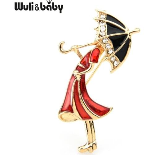 Wuli&baby Holding Umbrella Girl Brooches Women Metal Rhinestone Red Dress Lady Banquet Party Brooch Pins Gifts