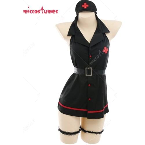 Woman Sexy Fashionable Japanese Style Deep V Shape Collar Backless Halter Nurse Uniform Costume Outfit Wristband Leg Rings