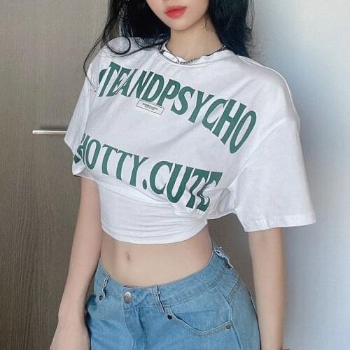 Y2K 2021Ladies Summer Round Collar T-shirt Letter Printing Short Sleeve Waist Hollow Midriff-baring Tops Slim Hem Base Shirt