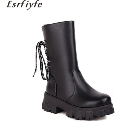 ESRFIYFE Platform Women Ankle Boots Thick Heel Fashion Lace Up Ladies Shoes Black 2020 New Autumn Winter Great Quality Boots