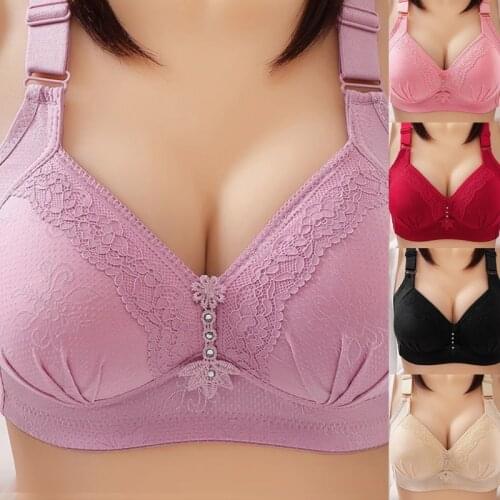 Women Plus Size Wireless Bra Floral Lace Trim Rhinestone Padded Adjustable Brassiere Breathable Comfort Full Coverage Underwear