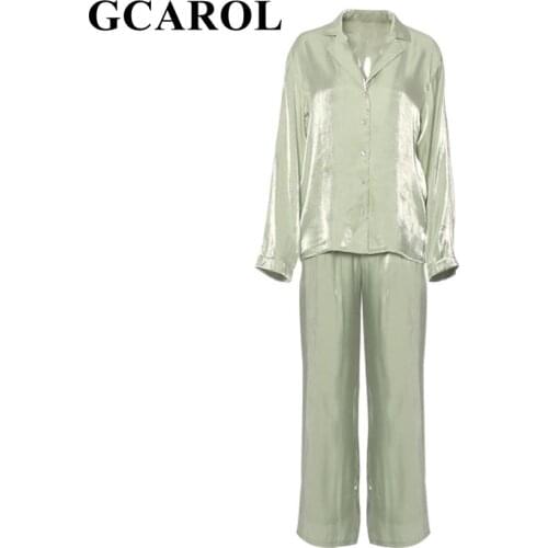 GCAROL Summer Spring Women 2 Pcs Stain Suit Sets Elegant Loose Pleated Shirt Elastic Waist Wide Leg Pants Trousers Outfit