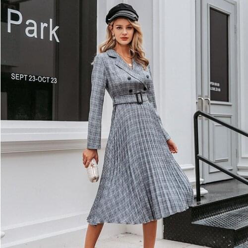 Double breasted office Suit dress women Elegant a line sashes plaid blazer dresses female Long sleeve pleated ladies vestidos