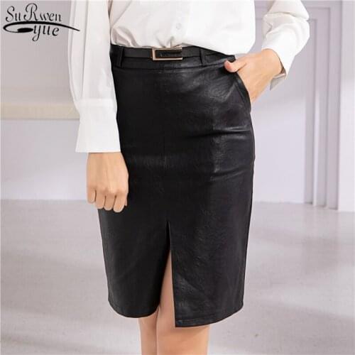 2021 Summer Models of High-Waisted PU Leather Waistband Sexy Black Office Lady Vocational Slit Wild Midi Skirts 10130