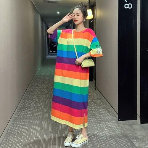 #2336 Striped Dresses Women Large Size Summer Short Sleeve O-neck Cotton Tshirt Dress Femme Side Split Korean Style Loose Dress