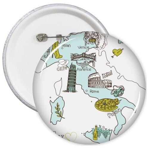 Italy Venice Rome Sketch Landscape Map Country City Landmark Illustration Pattern Round Pin Badge Button 5pcs