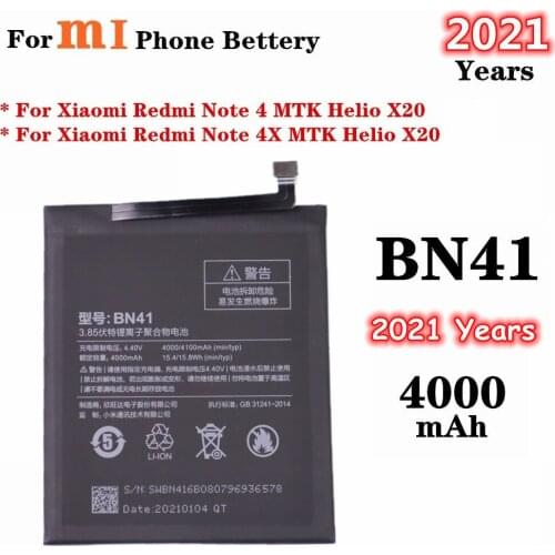 2021 Years BN41 Battery For Xiaomi Redmi redmi Note 4 / Note 4X MTK Helio X20 4000mAh High Capacity Replacement Battery