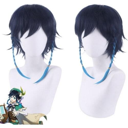 Anime Genshin Impact Venti Blue Cosplay Wig Synthetic Hair Short Halloween Costume Party Wigs Men