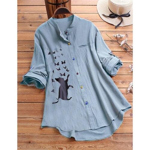 Cotton Linen Plus Size Cat Butterfly Print White Long Blouse Women Long Sleeve Loose Ladies Top Button Down Shirts Oversized 5xl