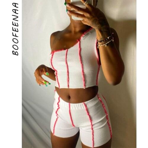 BOOFEENAA Sexy Two Piece Set Women Summer Contrast Stitch Ribbed Knitted One Shoulder Crop Tank Top and Shorts Sets C16-BD15