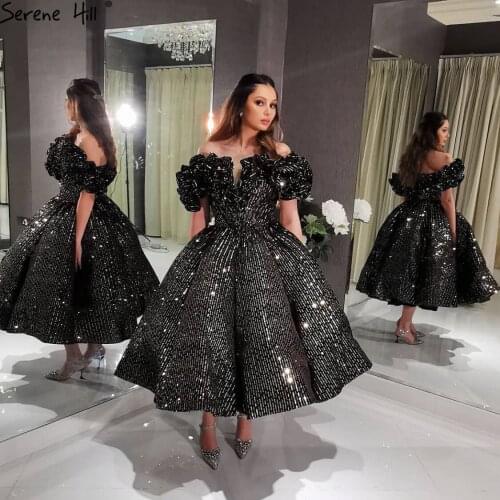 Serene Hill Black Gold V-Neck Luxury Evening Dress 2020 Sleeveless Sequined Sparkle Tea-Length Formal Party Gown CHA2306
