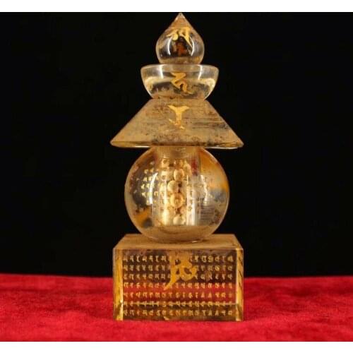 Chinese Perfect Buddhist crystal hand-engraved scripture stupa statue