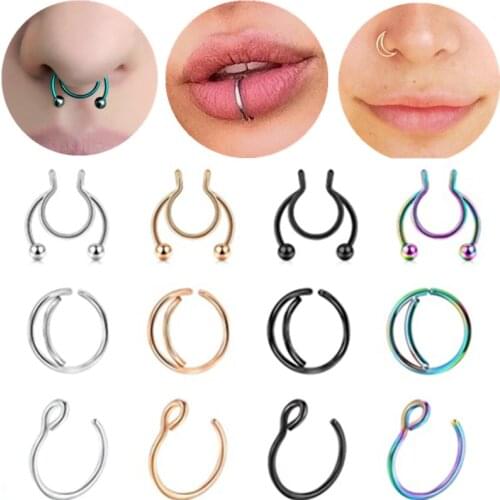 1PCS Stainless Steel Fake Nose Ring Hoop Pack Non Piercing Septum Ring Fake Lip Piercing Ring Faux Helix Piercing Daith Earring