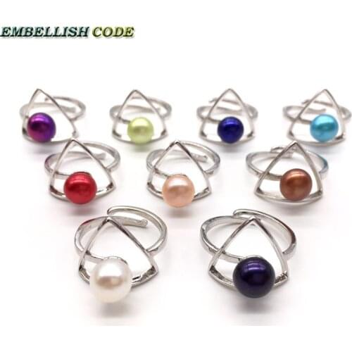 8mm New Adjustable Size Resize Round Pearl Ring Triangle Shape White Black Sky Blue Red Peach Brown Purple Yellow Optional Gift