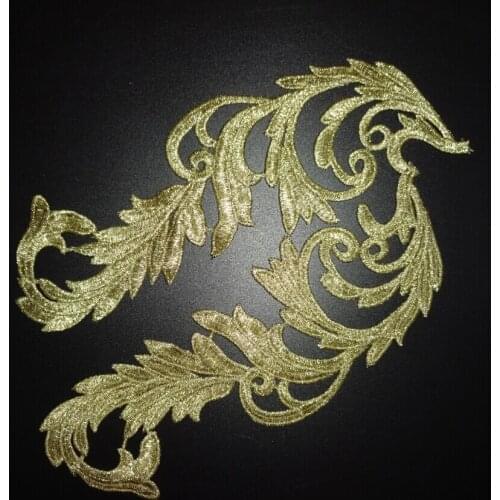 2Pc= 1pair Embroidery flowers patches gold silver thread lace applique collar wedding dress formal dress accessories