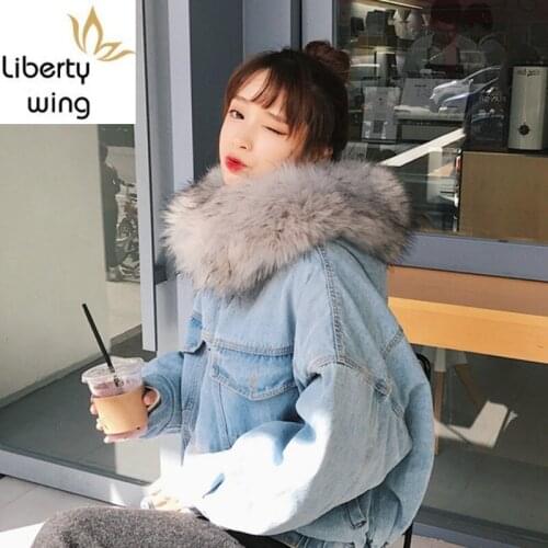 Hot Sale Womens Hooded Fake Fur Collar Short Denim Jackets Korean Casual Sweet Wram Fleece Linning Female Loose Winter Coats