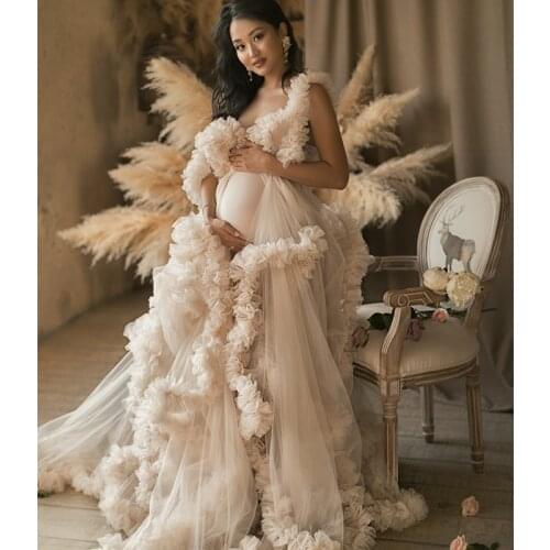 Light Champagne Ruffles Long Kimono Tiered Ruched A-line Prom Gowns Puffy Sleeves African Cape Cloak Maternity Dress