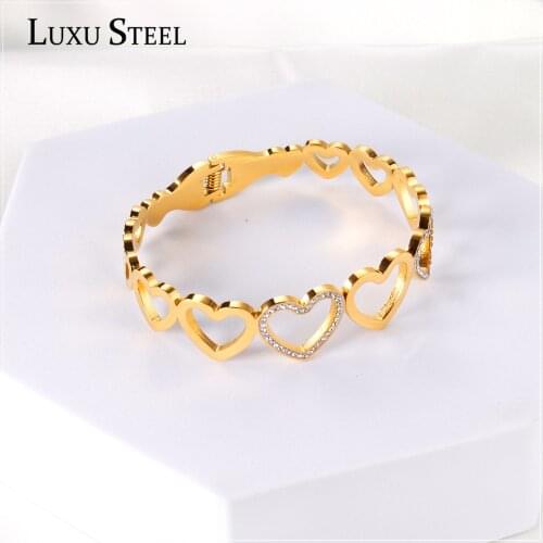 LUXUSTEEL Lovers Gift Heart Bangles Wholesale Stainpless Steel Gold Color Round Cubic Zirconia Bracelets Bangles Wedding