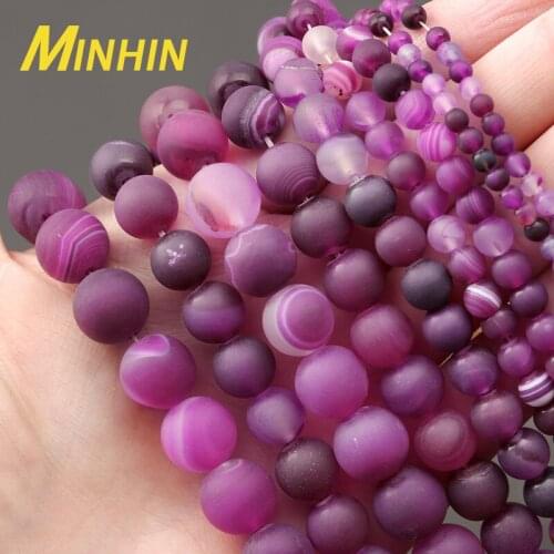 MINHIN Fuschia Striated Agates Matte Beads For Jewelry Making Natural Stone Dull Polish Round Beads DIY Necklace Bracelet