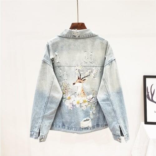 Fashion Beading Embroidery Denim Jacket Women Loose Long Sleeve Short Outerwear Autumn New Korean Holes Jeans Jacket Coat Female