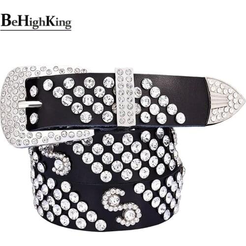 Fashion rhinestone belts for women Quality genuine leather belt female Shining diamond silver Pin buckle strap Width 3.3 cm