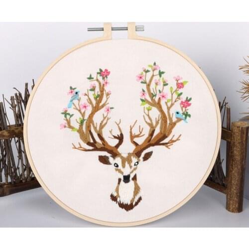 Deer Flower DIY Embroidery Set with Hoop for Beginner Needlework Kit Handmade Cross Stitch Art Craft Sewing Painting Home Decor