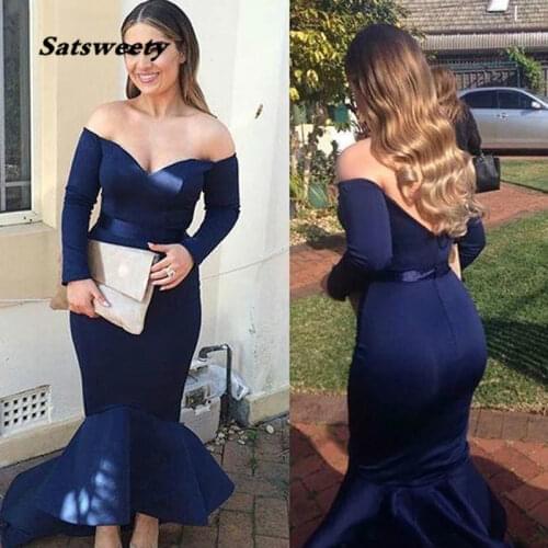 New Meramid Long Sleeves Navy Blue Evening Dress Backless Dubai African Formal Holiday Wear Party Gown Custom Made Plus Size