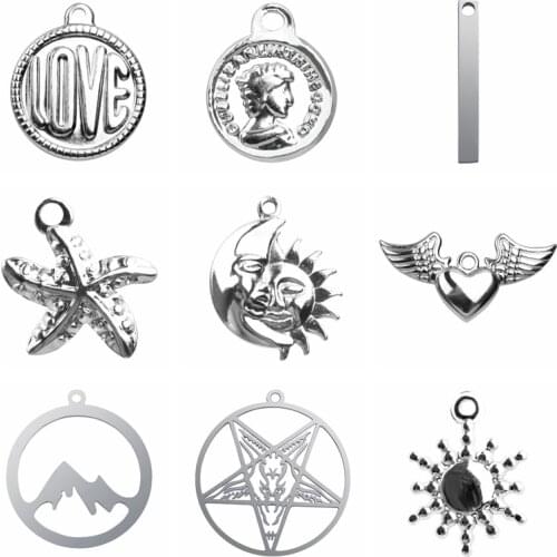 Pentagram Pendant Sun Jewelry Making Stainless Steel Charms For Necklace Bracelets Accessories DIY Heart Love 5pcs Silver Color