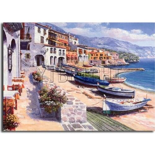 Full Square Diamond embroidery Cross stitch beach ship Full Round Diamond mosaic house sea DIY 3D Diamond painting landscape