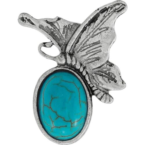 Silver Plated Butterfly Oval Green Turquoises Stone Resizable Finger Ring Insect Jewelry
