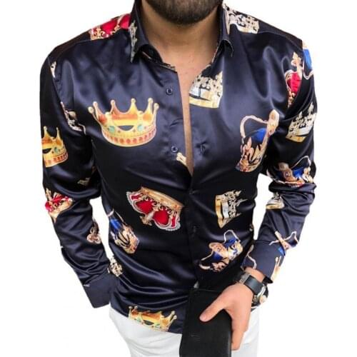 Vintage Crown Print Men Shirt Turn-down Collar Buttons Mens Cardigan Shirts Smooth Autumn Long Sleeve Slim Top Streetwear