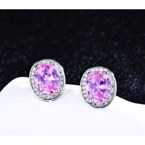 BLACK ANGEL Fashion Temperament Oval Zircon Stud Earrings for Women Girls Inlaid Pink Blue Crystal Fine Simple Party Jewelry
