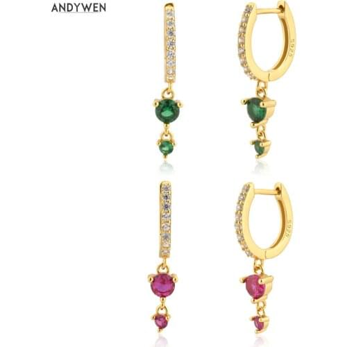 ANDYWEN 200 New 925 Sterling Silver Gold Green Rose Red Drop Earring Pave Piercing Pendiente Fashion 2020 Jewelry For Women Gift