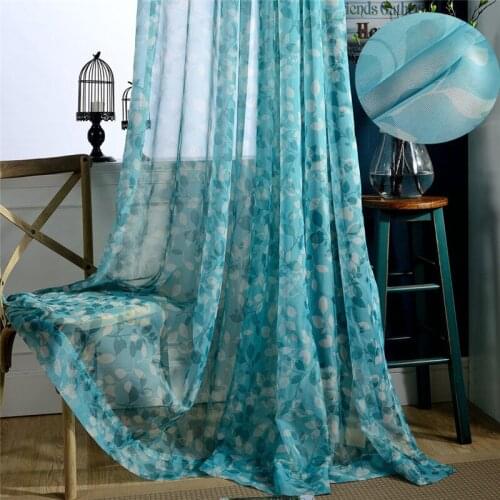 Modern Blue Sheer Curtains Fabrics Pastoral Leaf Printed Window Screen Jinya Home Decor Door Tulle Curtain Panels for Bedroom