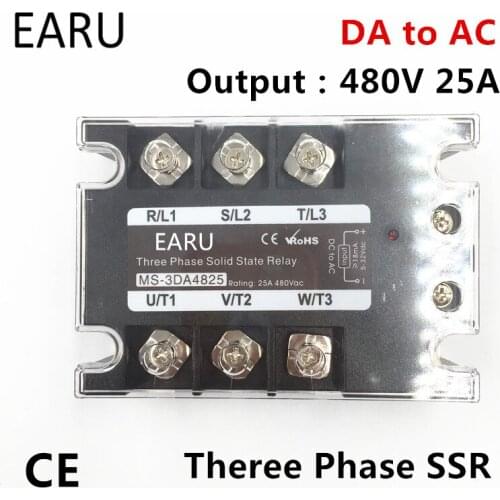 TSR-25DA SSR-25DA Three Phase Solid State Relay DC 5-32V Input Control AC 90~480V Output Load 25A 3 Phase SSR High Power DA4825