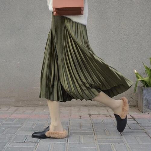 Vintage Metallic Color Women High Waist Elastic Band Maxi Long Pleated Skirt