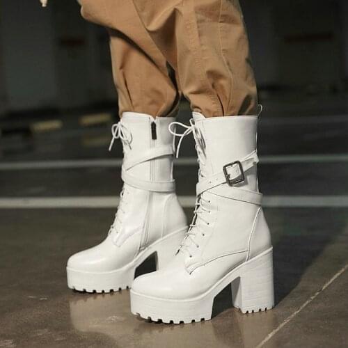 2020 solid white black cross-tied lace-up womans motorcycle boots anti-slip platform chunky high heels women mid-calf boots