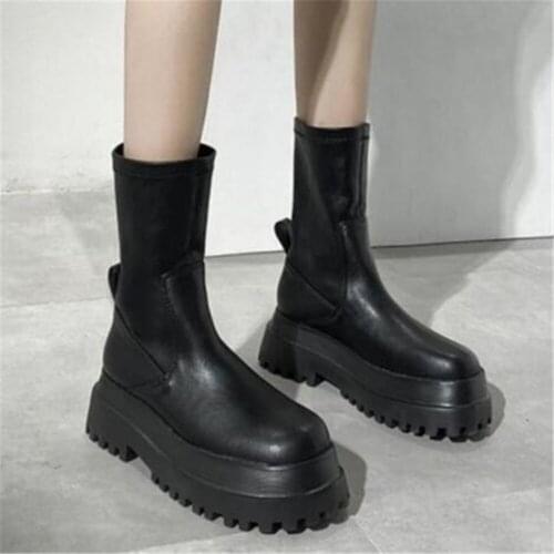 2021 Leather Chelsea Boots Women Platform Ladies Booties Chunky Autumn Winter Non Slip Shoes Thick Heel Short Ankle Boots Black