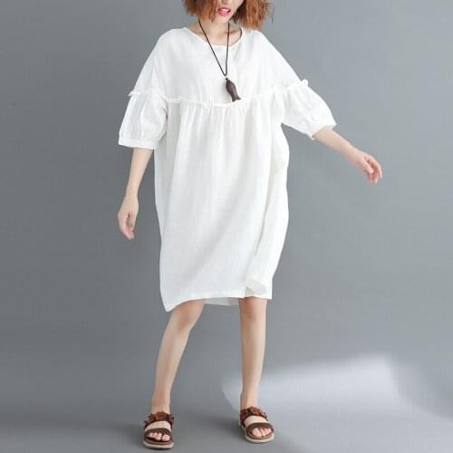 Oversized Cotton Linen Women Dresses 2021 Summer Vintage Loose Knee-Length Lady Elegant Dresses Top Quality